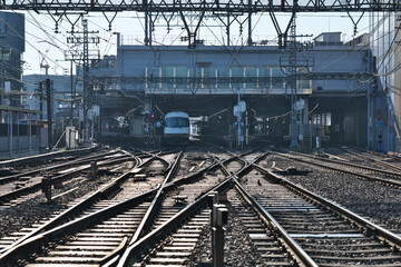 Fototapeta na wymiar Nara,Japan-October 14, 2020: Railway tracks near Yamato-Saidaiji station in Nara, Japan 