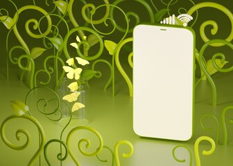 smartphone mockup screen in forest concept background. butterfly magic dream night fairytale concept. smartphone application shopping online sale connection 24 hours. greenery fresh. 3d illustrator.