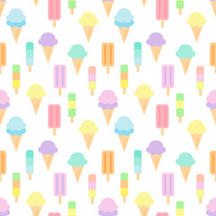 Sweet pastel seamless pattern of ice-cream isolated on white background. They’re colorful and suitable for wrapping paper or fabric in summer.
