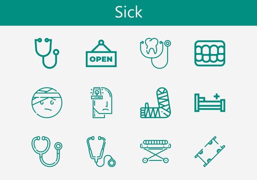 Premium set of sick line icons. Simple sick icon pack. Stroke vector illustration on a white background. Modern outline style icons collection of Denture, Stethoscope, Injured