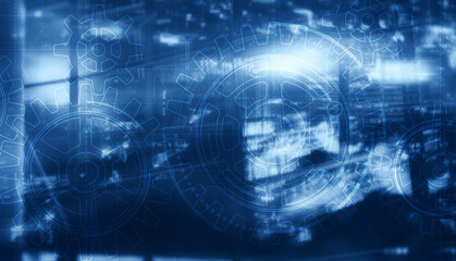 Gears on modern architecture background. Business processes concept