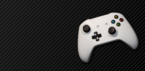 Controlador de videogame isolado em fundo preto e espaço para texto.