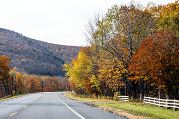 Obraz premium Winding road in the Vermont mountains with autumn yellowed maple trees along the road and on the mountains