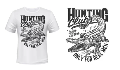 Fototapeten Crocodile or alligator t-shirt vector print. Nile crocodile with opened toothy maw, angry reptile engraved illustration and typography. Hunting club, african trophy hunt apparel custom print template © Vector Tradition