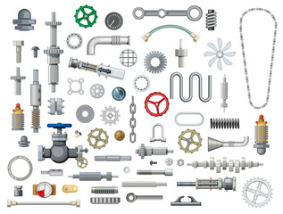Ships and boats mechanisms spare parts cartoon vector. Metal gears, steel springs and gaskets, pipe, hose and bearing, motor chain, camshaft and piston pin, pressure gauge, emergency and gate valve