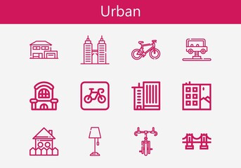 Premium set of urban line icons. Simple urban icon pack. Stroke vector illustration on a white background. Modern outline style icons collection of Building, Mall, Office building