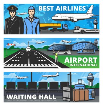 Aviation and airport services vector banners. Airplanes aircrew pilot and stewardess, international airlines. Waiting hall with luggage and seats, aircraft crew in uniform and airplanes, air travel