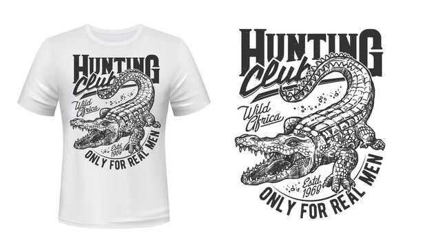 Crocodile or alligator t-shirt vector print. Nile crocodile with opened toothy maw, angry reptile engraved illustration and typography. Hunting club, african trophy hunt apparel custom print template