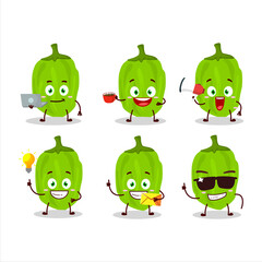 Green habanero cartoon character with various types of business emoticons