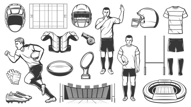 Rugby sport or football American game icons of players and equipment, vector. American football rugby sport items, ball and players outfit, helmet and stadium, forward boots and referee whistle