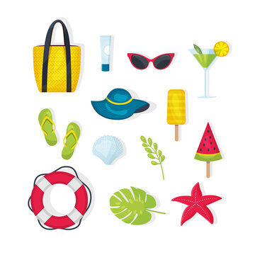 set of summer items, accessories.Bag, starfish, Lifebuoy, hat,leaf, sunglasses,sunblock, ice cream, cold drinks, slippers.Modern vector flat image design isolated on white background.Summer stuff set.