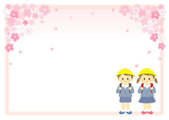 イラスト素材 桜 新入学や卒業のランドセルを背負う小学生男児と女児 飾り枠 ピンク Wall Mural 久美子 後藤