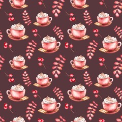 Seamless pattern, watercolor illustration.  cup of coffee, cappuccino, berries and autumn leaves on a dark background.  Design for wrapping paper, fabrics, scrapbooking, postcards, printing