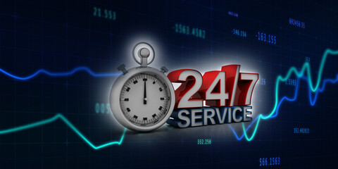 Concept: Opening hours sign with stop watch. 3D rendering