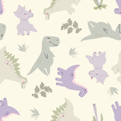 Children's illustration with dinosaurs. Seamless background with stylized dinosaurs. Cute dinosaurs patterns for different types of printing