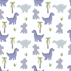 Children's illustration with dinosaurs. Seamless background with stylized dinosaurs. Cute dinosaurs patterns for different types of printing