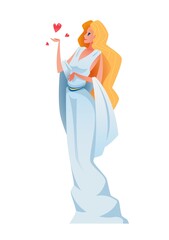 Aphrodite. Ancient greek goddess with hearts over her hand. The mythological deity of Olympia. Vector illustration.