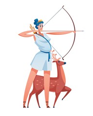 Artemis. Ancient greek goddess with a bow and arrow in her hands. Deer in the background. The mythological deity of Olympia. Vector illustration.