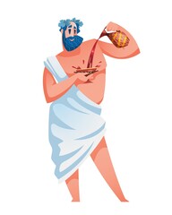 Dionysus. Ancient greek god with a jug of wine in one hand and a chalice in the other. The mythological deity of Olympia. Vector illustration.