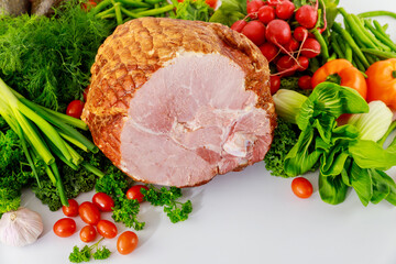 Glazed pork ham with fresh vegetables. Healthy food.