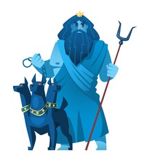 Hades. Ancient greek god with a bident in one hand and a chain in the other. Cerberus is ahead. The mythological deity of Olympia. Vector illustration.