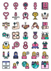 International Women's Day related filled icon set