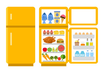 Fridge open and close concept vector illustration on white background. Refrigerator with food inside in flat design.