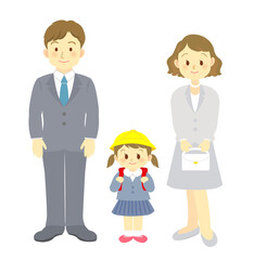 イラスト素材：4月入学式　3人家族　水色のスーツ　笑顔　核家族