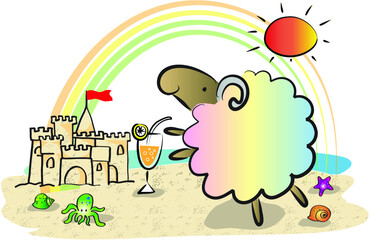 vector cartoon sheep with cold drink sun rainbow sand castle summer