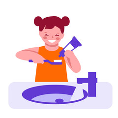 The little girl is brushing her teeth. Hygiene, healthy lifestyle, routine. Vector illustration in flat cartoon style. Isolated on a white background.