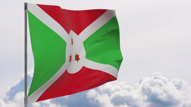 Burundi flag on pole with sky background seamless loop 3d animation