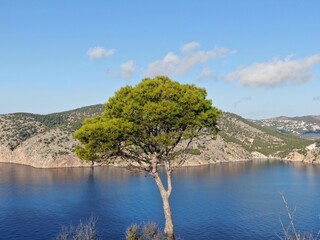 Naklejka premium aerial view of the coast of Mallorca. Beach, blue sky and mountains. Concept of nature, holidays and relax