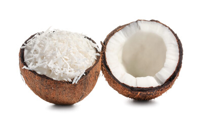 Fototapeta na wymiar Coconut with flakes on white background