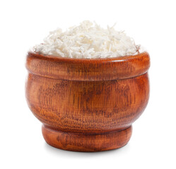 Bowl with coconut flakes on white background