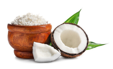 Bowl with coconut flakes on white background