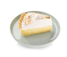 Plate with piece of tasty coconut pie on white background