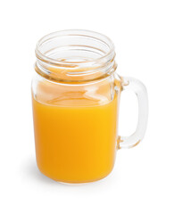 Mason jar of fresh mango juice on white background