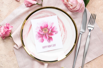 Beautiful table setting for Mother's Day on color background