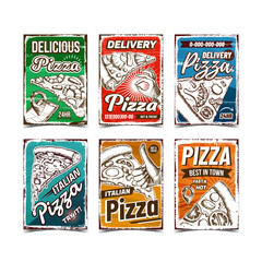 Pizza Restaurant Advertising Posters Set Vector. Pizza Cafe Gps Location And Delivery Service On Promotional Banners. Dish With Delicious Ingredient Template Hand Drawn Illustrations