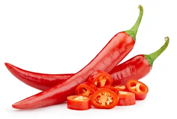 Fotobehang Peppers chili full macro shoot food ingredient on white isolated © Maks Narodenko