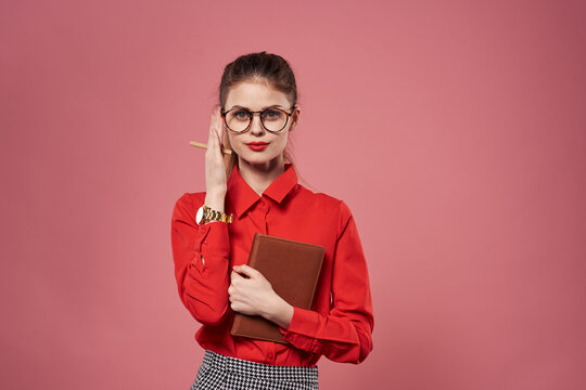 Business Woman Red Shirt Office Finance Pink Background