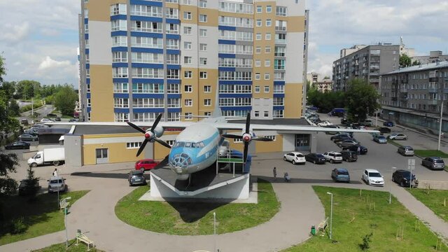 Aerial view of a plane parked in the Fileyka microdistrict (Kirov, Russia)