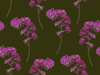 Floral seamless background pattern with orchids flowers and leaves. Botanical illustration  hand drawn. Textile print, fabric swatch, wrapping paper.