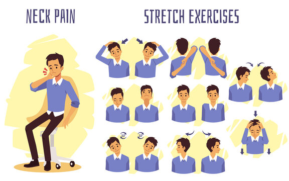 Stretch exercises to relieve neck pain, flat vector illustration isolated.