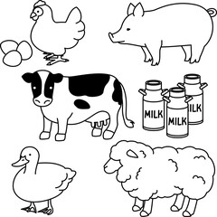畜産動物のイラスト（モノクロ）