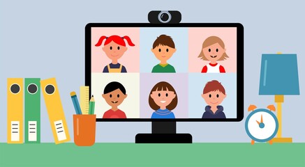 Online students lesson. Coronavirus quarantine distance education concept. Stay at home vector illustration. Studying pupils. 