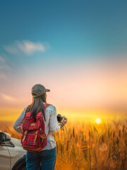 Woman traveler standing to take a photo with scenery view of the golden wheat field in the morning natural background.