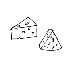 two tasty pieces of cheese of different sizes with large holes known as cheese eyes