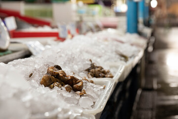 Fototapeta na wymiar Sweet clams are placed on ice trays in the fresh market.