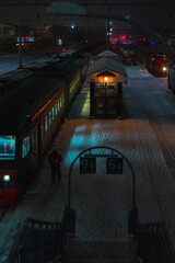 Fototapeta na wymiar The train standing on the platform of the railway station in the dark evening